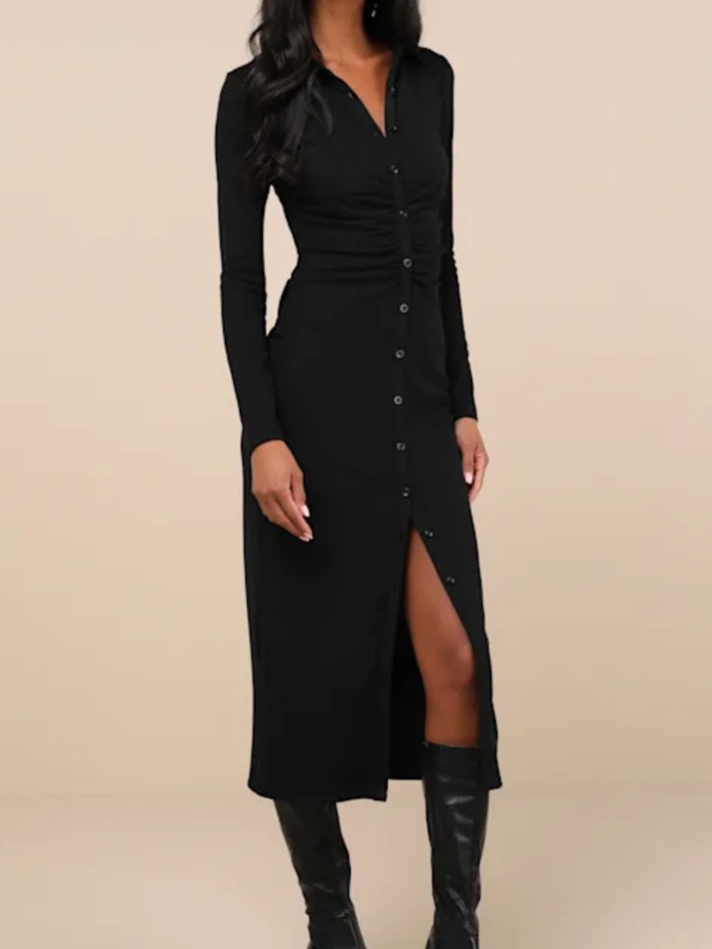 LIKE NEW Lulu's Black Button-Front Long-Sleeve Midi Dress